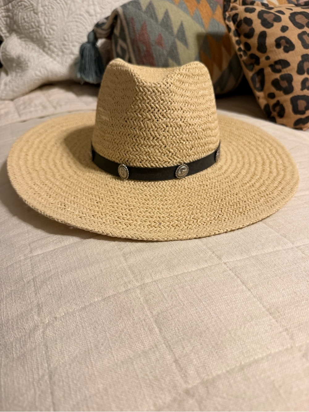 Wide Brim Straw Fedora Hat with Black concho Band